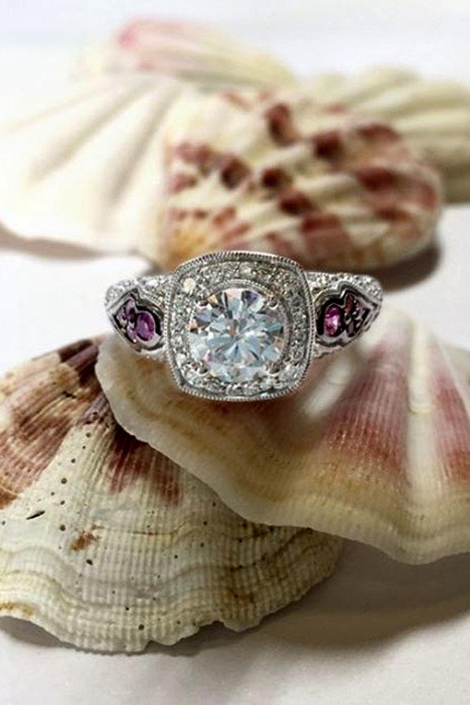 vintage engagement rings round cut center stone in white gold with gemstones