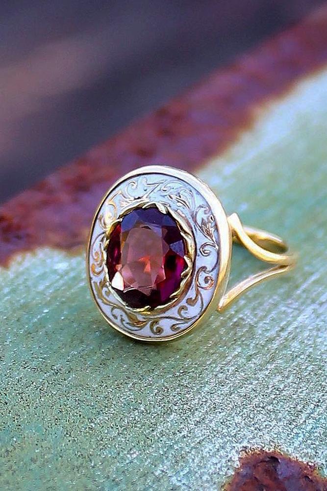 vintage engagement rings ruby round cut halo yellow gold