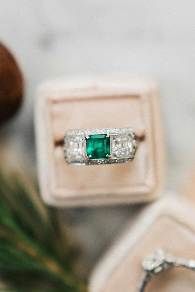 vintage engagement rings three stones white gold princess cut
