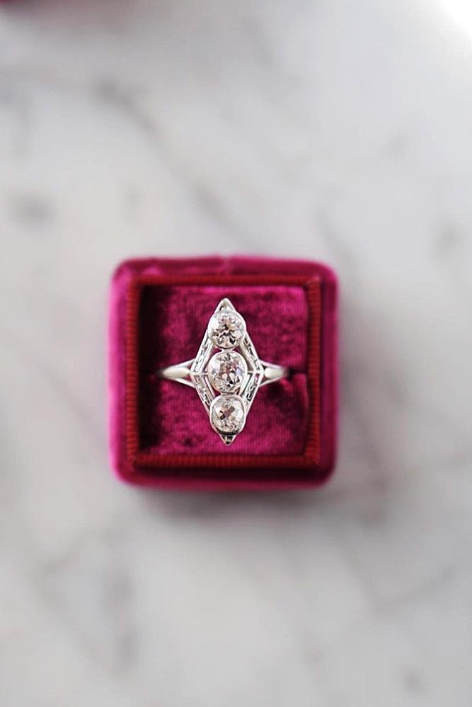 vintage engagement rings three stones white gold