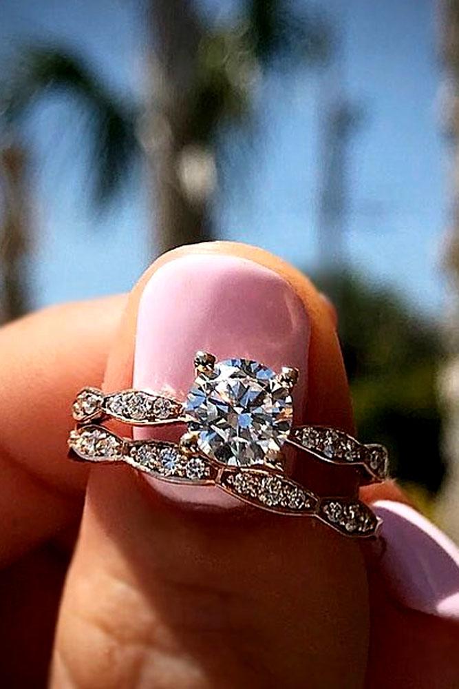 wedding ring sets round cut rose gold pave band