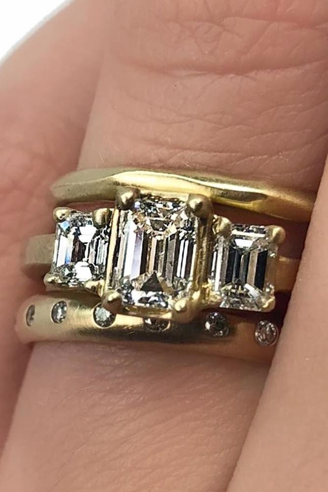 wedding ring sets three stones emerald cut yellow gold