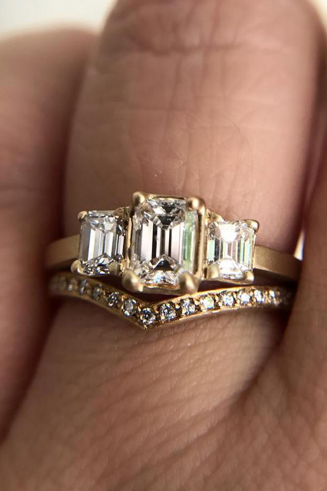 wedding ring sets three stones rose gold emerald cut diamond