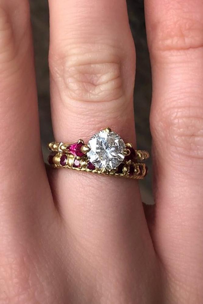 wedding ring sets yellow gold round cut diamond ruby