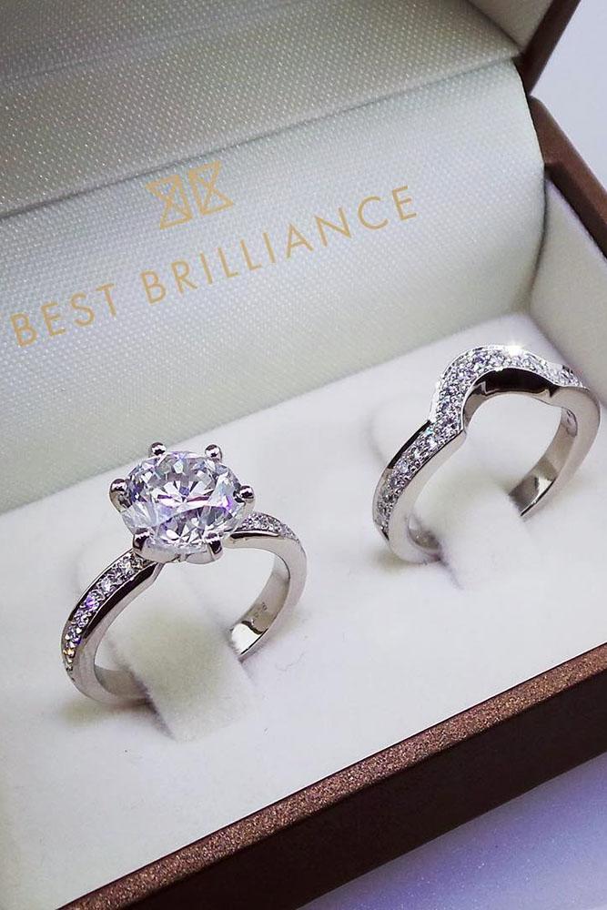 wedding rings set pave band white gold round cut solitaire diamond