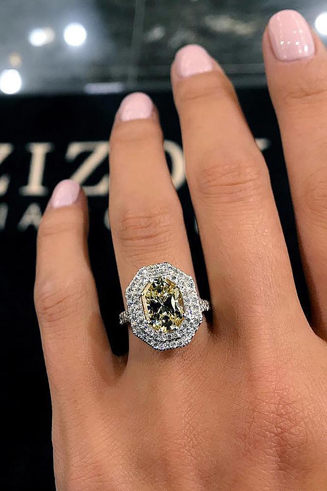 colored engagement rings double hallo yellow colored