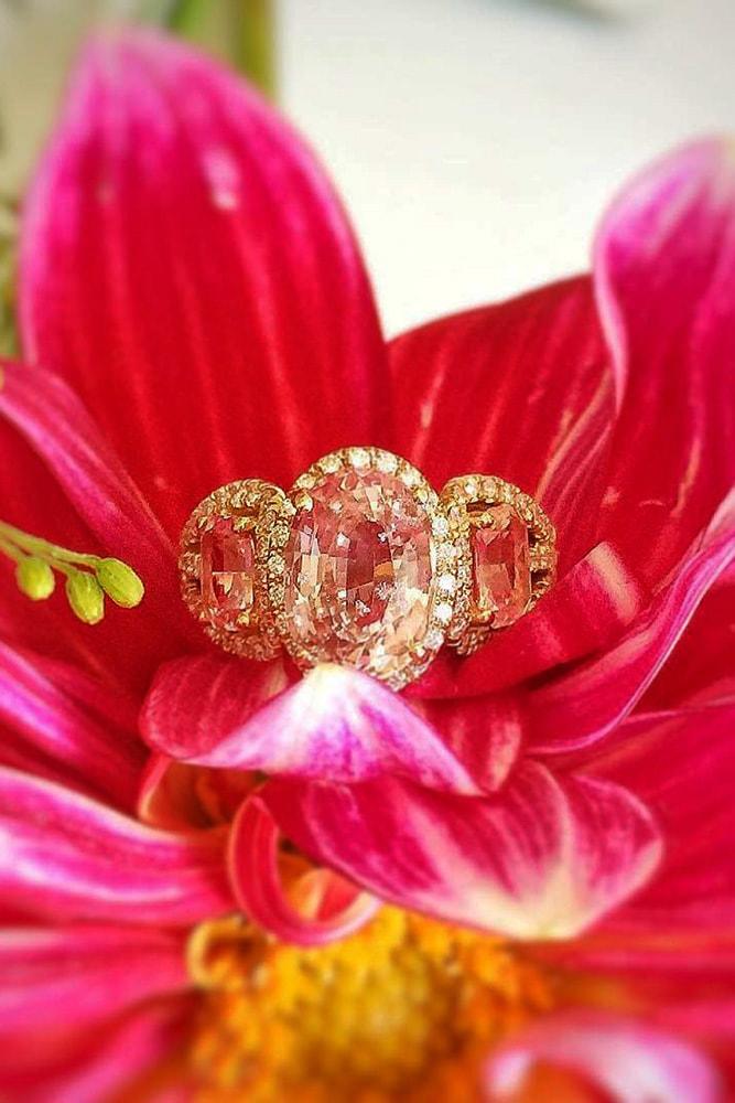 colored engagement rings rose gold oval cut gemstone halo three stones pave band