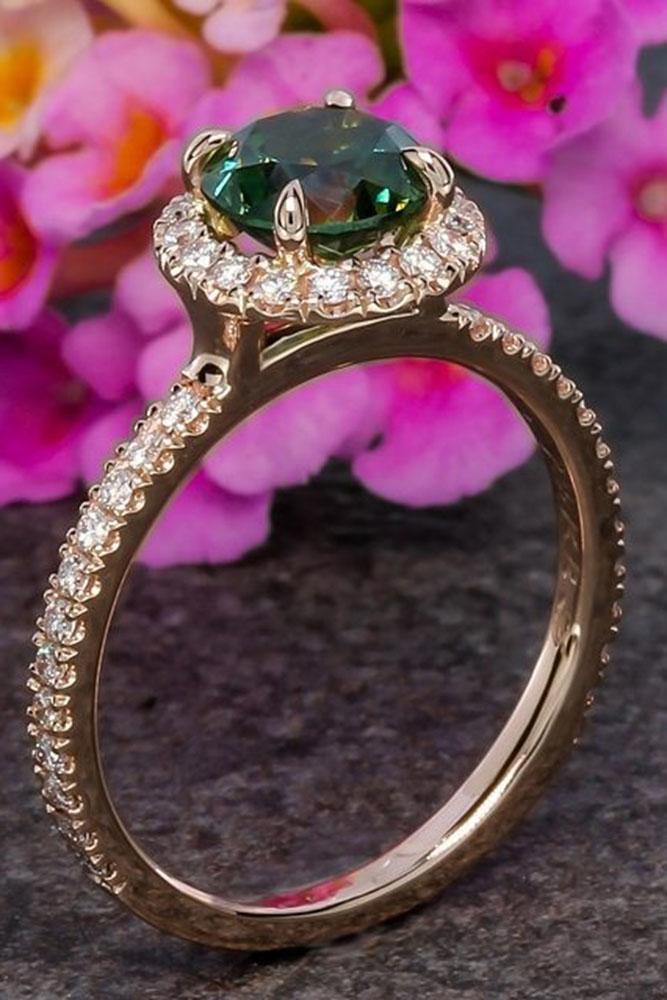 colored engagement rings round center gems in diamond halo rose gold