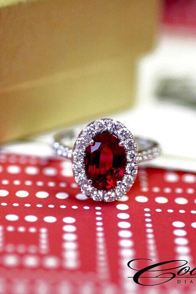 colored engagement rings ruby diamond halo pave band