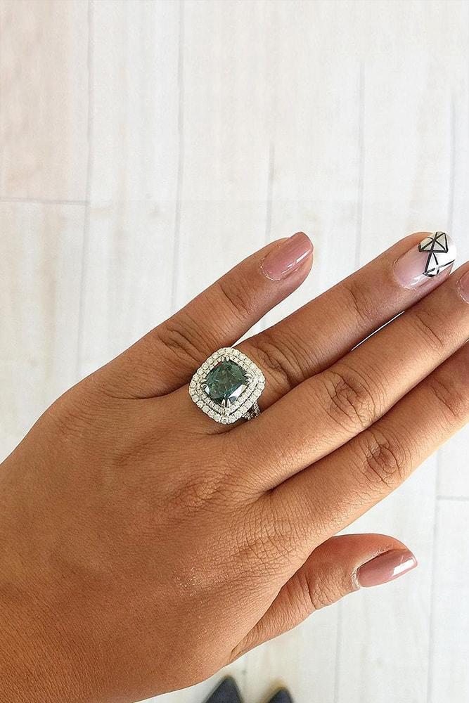 colored engagement rings white gold cushion cut green sapphire double diamond halo pave band