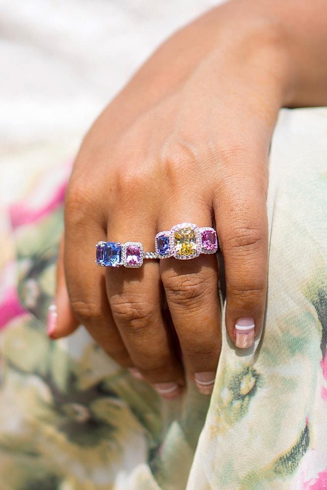 colored engagement rings white gold emerald cut yellow blue pink sapphires halo three stones
