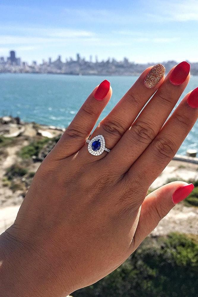 colored engagement rings white gold pear cut blue sapphire double diamond halo pave band