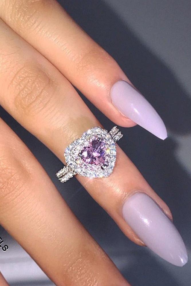heart engagement rings double pave band amethyst silver