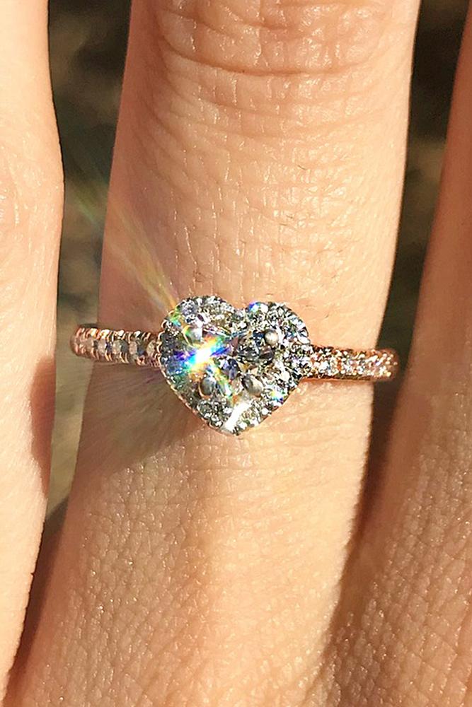 heart engagement rings rose gold halo pave band