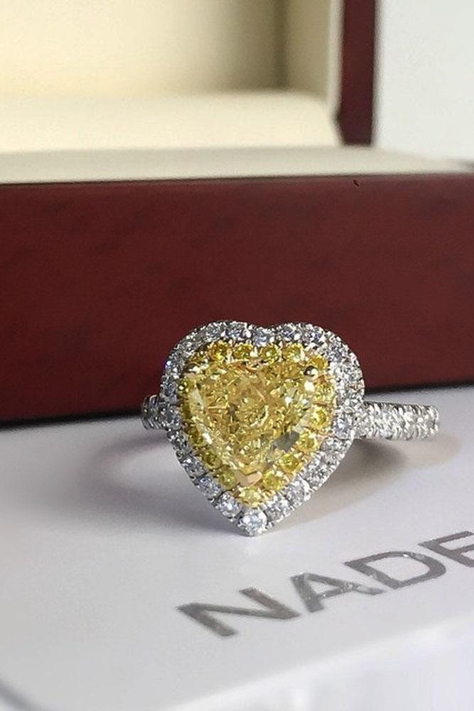 heart engagement rings yellow diamond halo white gold pave band