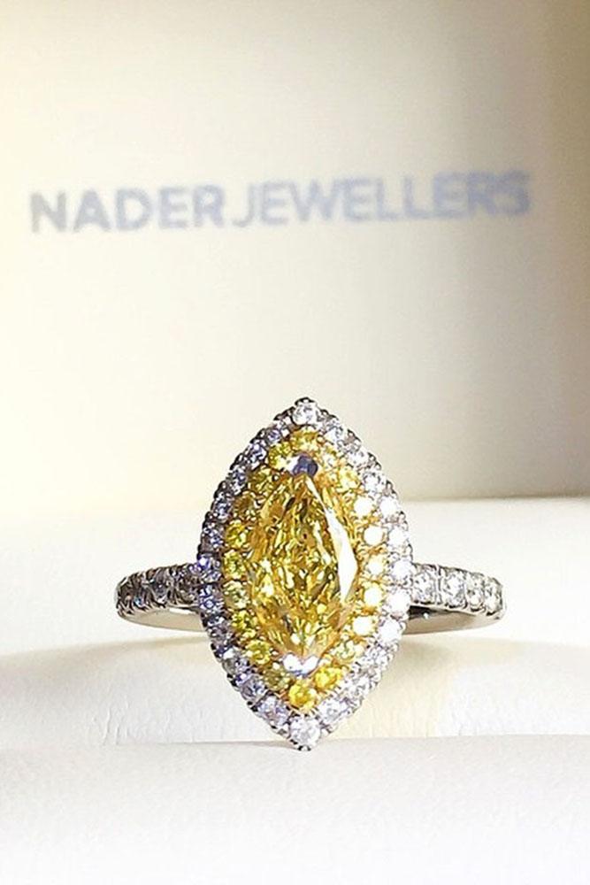 marquise diamond yellow diamond halo pave band white gold