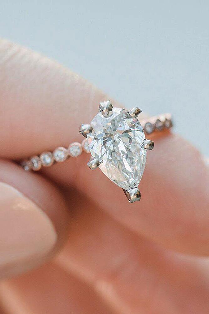 pear shaped engagement rings pave band rose gold solitaire