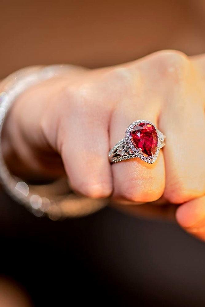 pear shaped engagement rings red gemstone unique vintage halo