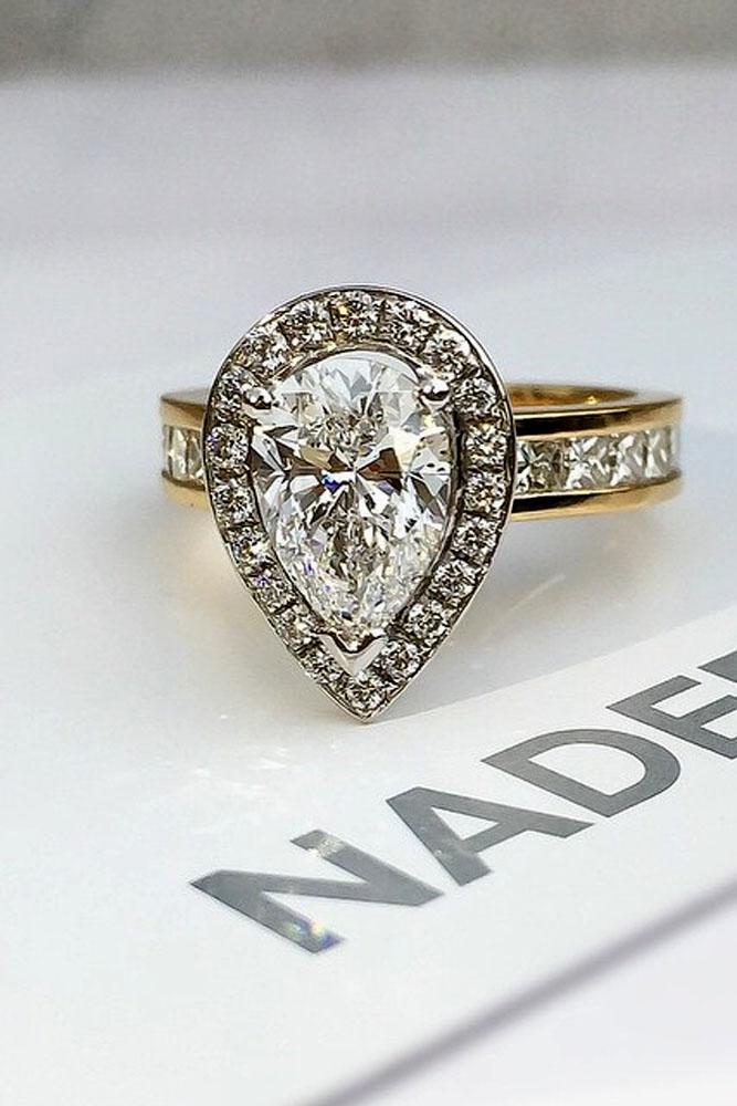 pear shaped engagement rings vintage white gold halo diamond pave band