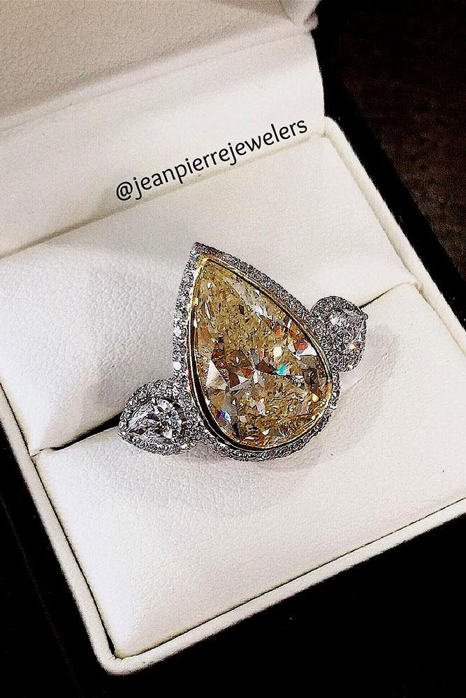 pear shaped engagement rings yellow diamond three stone white gold