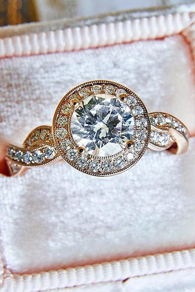round engagement rings halo diamond twist pave band