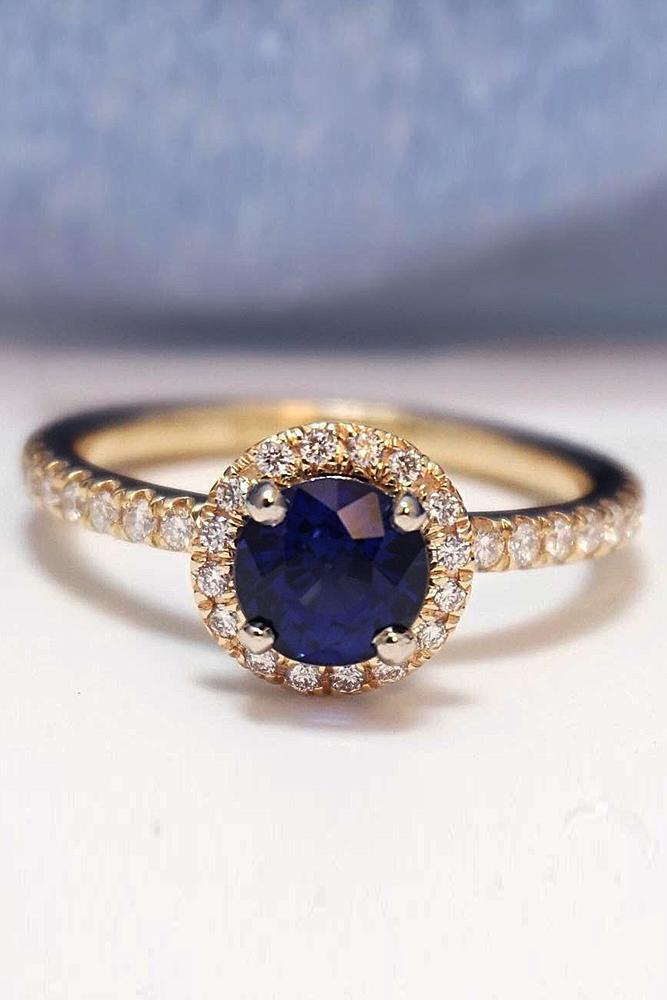 round engagement rings sapphire halo pave band yellow gold