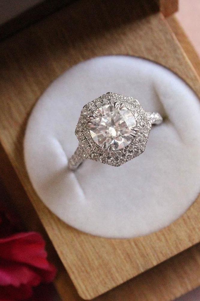 round engagement rings vintage double diamond halo white gold
