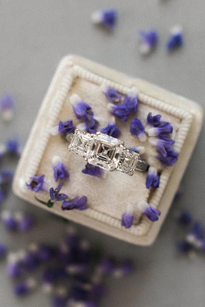 three stones engagement rings cushion cut diamond white gold