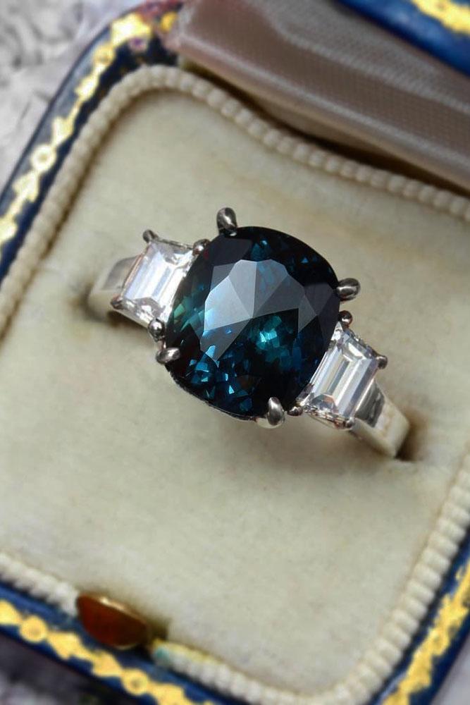 three stones engagement rings oval sapphire emerald diamonds white gold