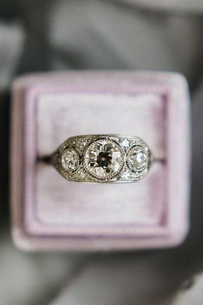 three stones engagement rings vintage white gold diamond