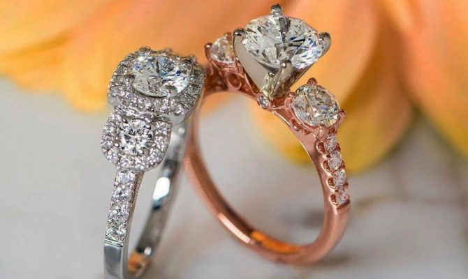 three stones engagement rings white and rose gold diamonds