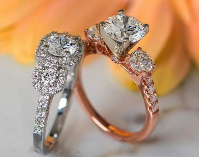 three stones engagement rings white and rose gold diamonds