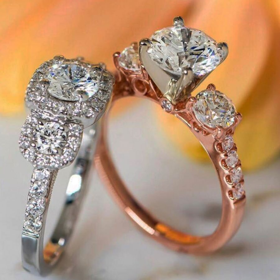 three stones engagement rings white and rose gold diamonds