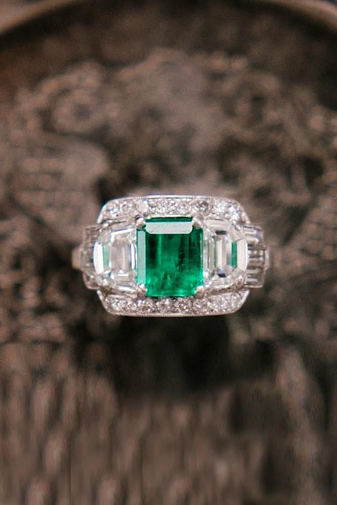 three stones engagement rings white gold emerald cut vintage