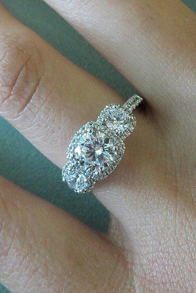 three stones engagement rings white gold pave band halo diamond