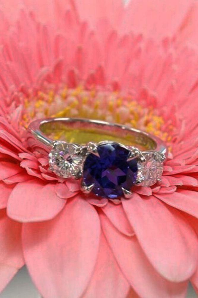 three stones engagement white gold center round sapphire diamonds
