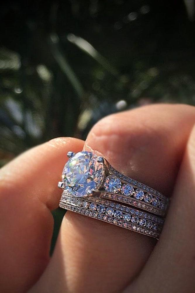 unique wedding rings diamond pave band round center stone white rose gold