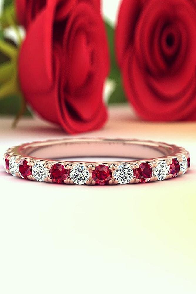 unique wedding rings rose gold wedding band with diamonds and rubies eternity stackable ring