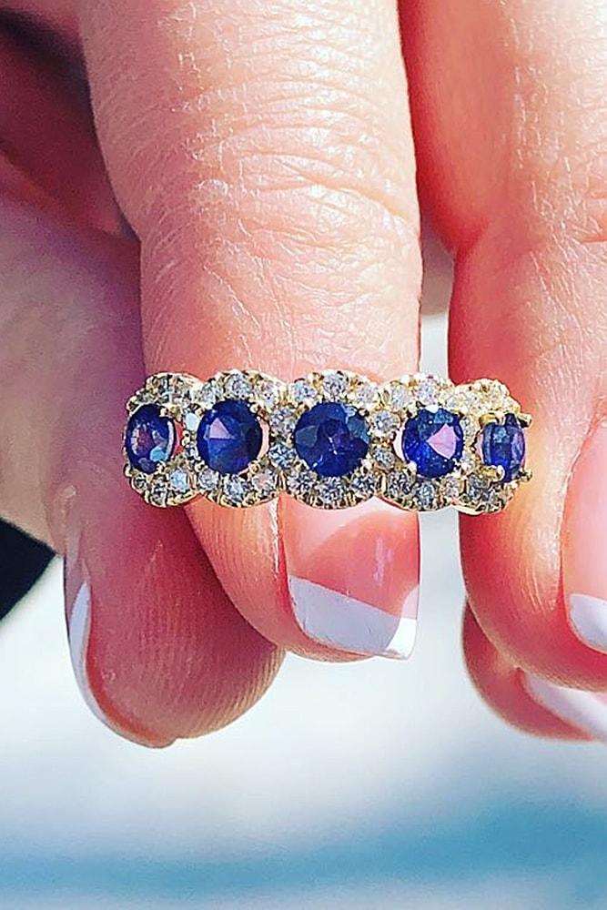 unique wedding rings rose gold wedding bands with blue five stones halo sparkling
