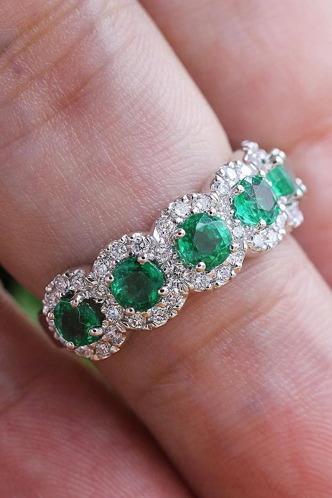unique wedding rings rose gold wedding bands with green five stones halo