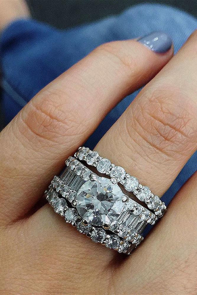 unique wedding rings round center diamond in white gold modern pave band