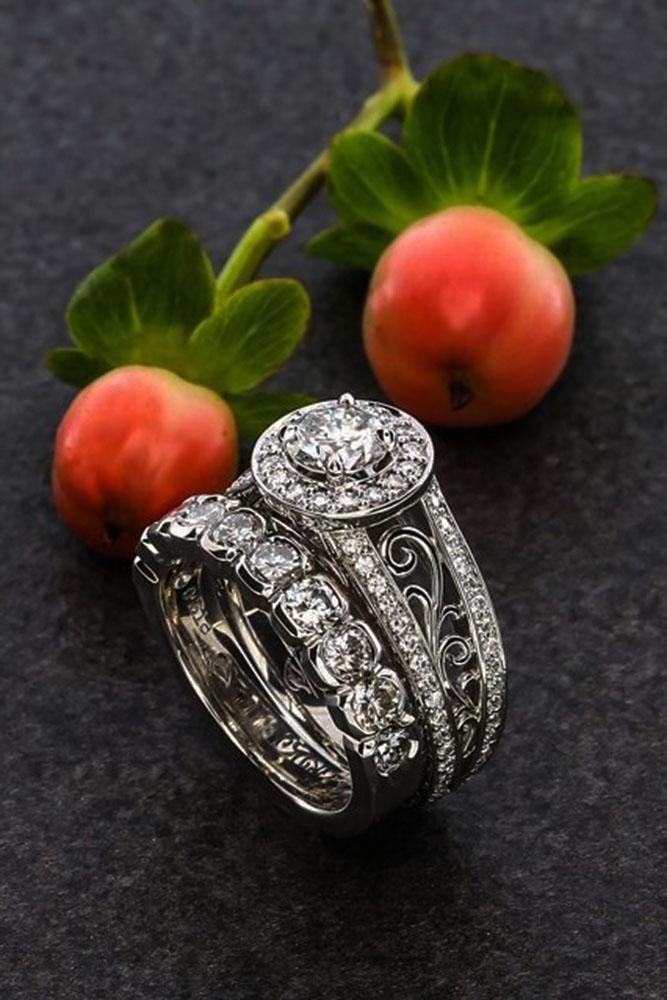 unique wedding rings white gold round center diamond halo vintage