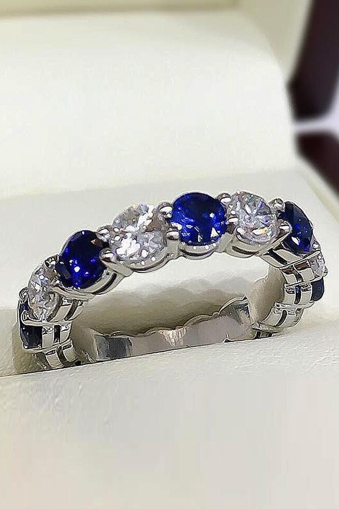 unique wedding rings white gold sparkle from diamonds and blue sapphires in pave band