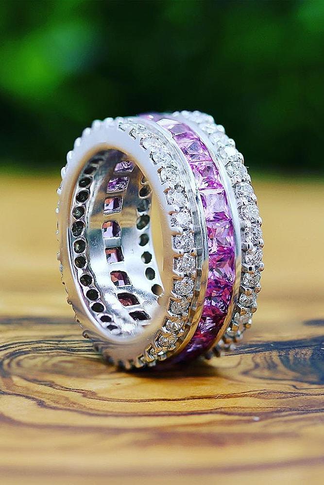 unique wedding rings white gold wedding band princess cut pink sapphire with two rows of diamonds