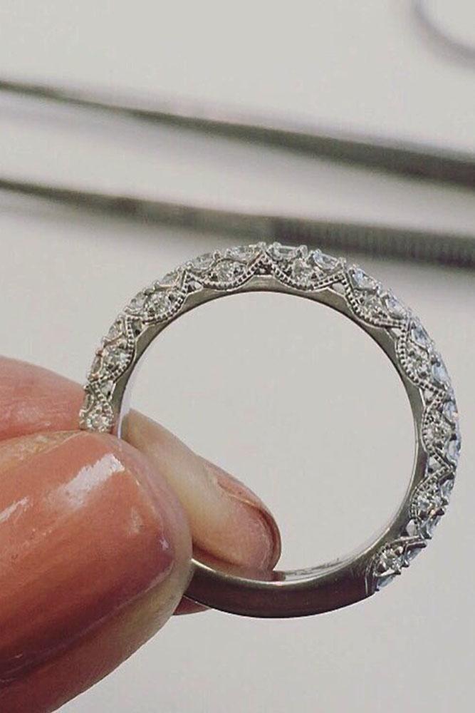 vintage wedding band in white gold with diamonds
