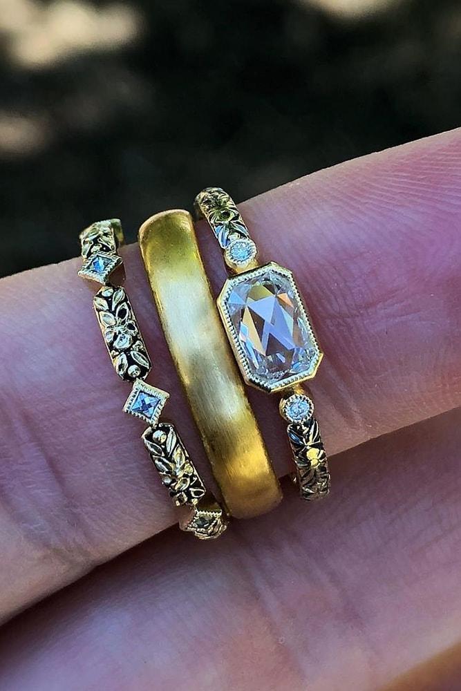 vintage wedding bands yellow gold in sets emerald cut diamond pave band classic