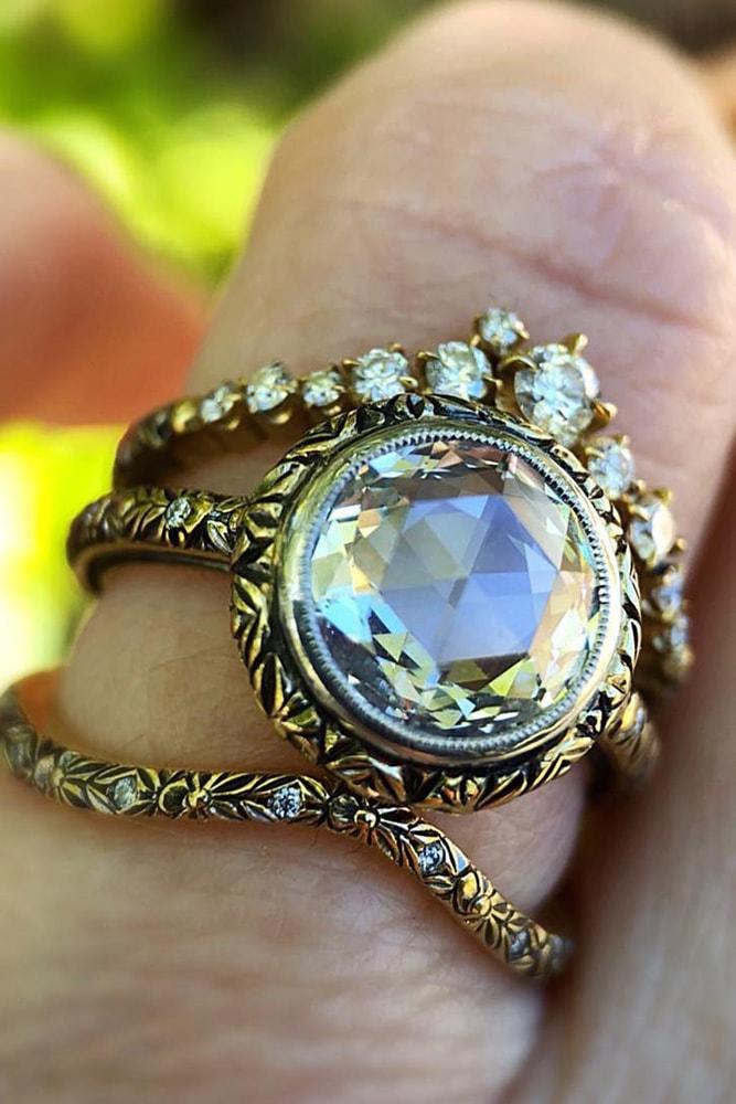 vintage wedding bands yellow gold in sets round cut diamond pave band