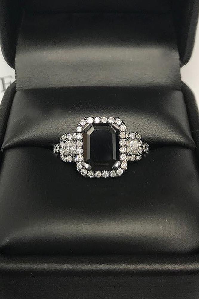 black diamond engagement rings halo pave band emerald cut
