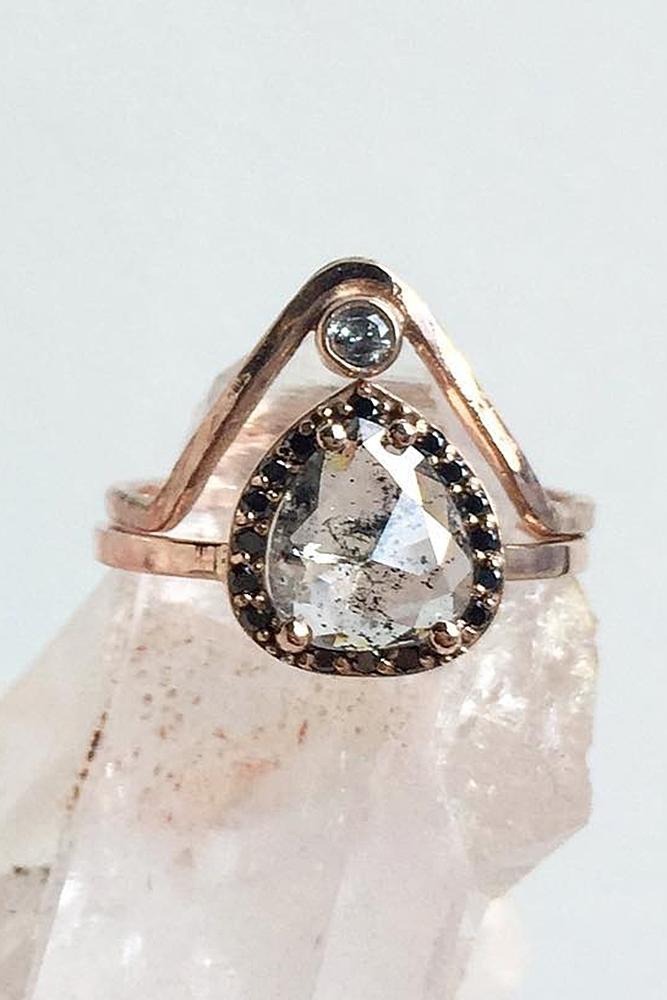 black diamond engagement rings pear cut rose gold unique set