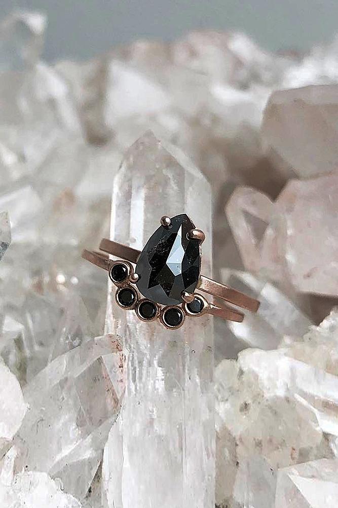 black diamond engagement rings pear cut wedding set rose gold